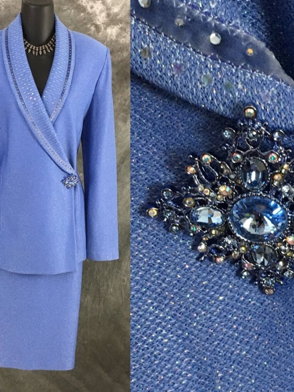 BEAUTIFUL st john evening knit blue rhinestones embellished skirt suit 8 10